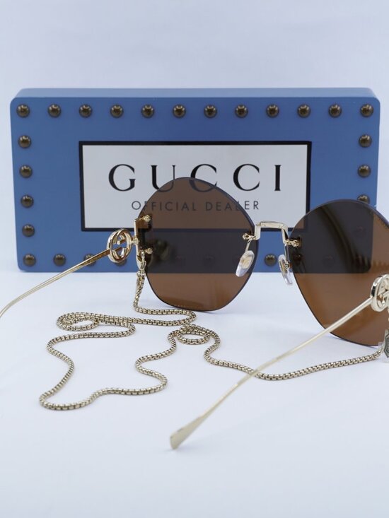 Gucci GG1203S 003 Round Sunglasses - Gold /Brown with Gold Chain main image 8